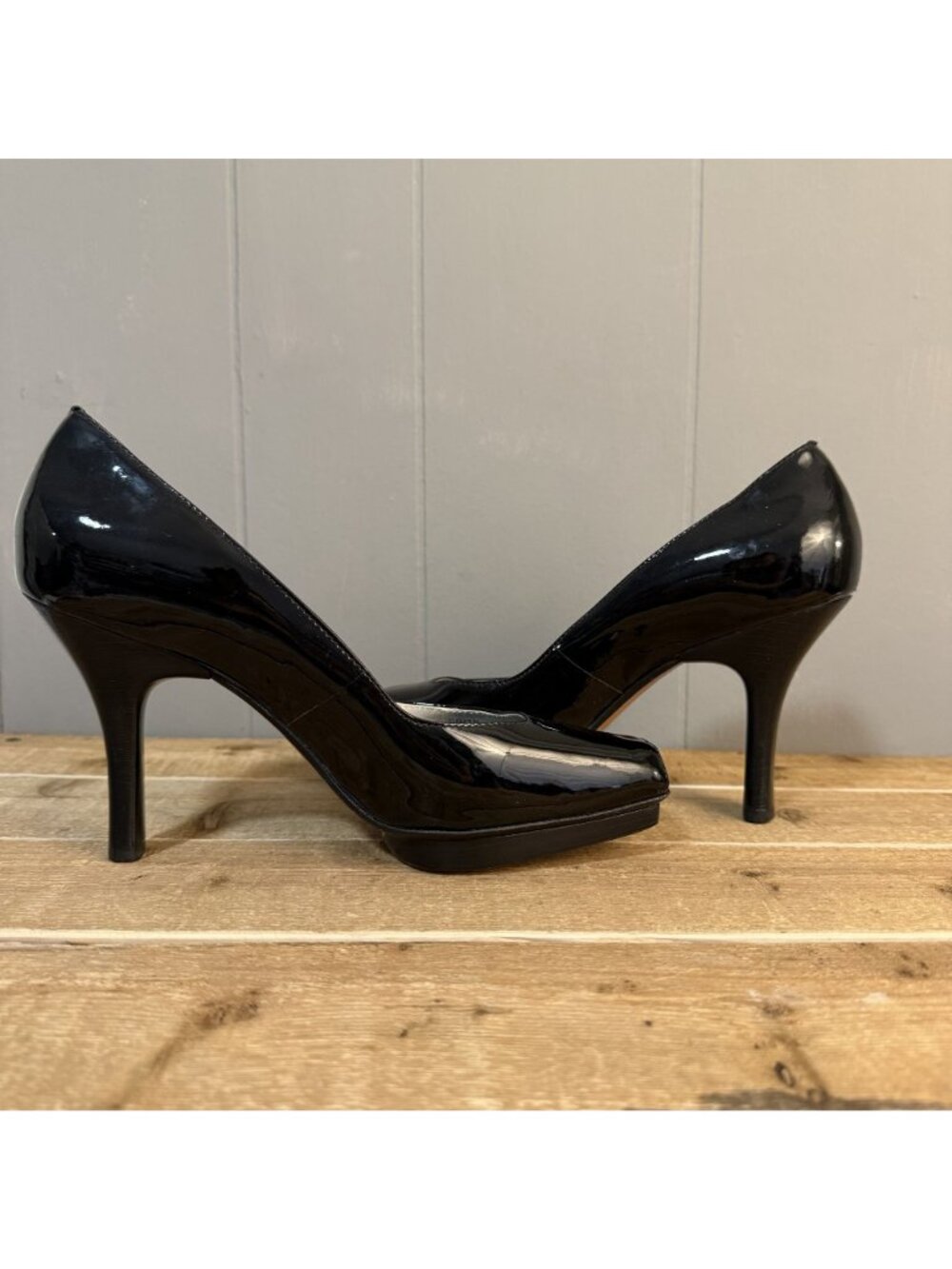 Black Patent Leather Peep Toe High Heels With Platform Sole & Stiletto Heel Size - Picture 5 of 7